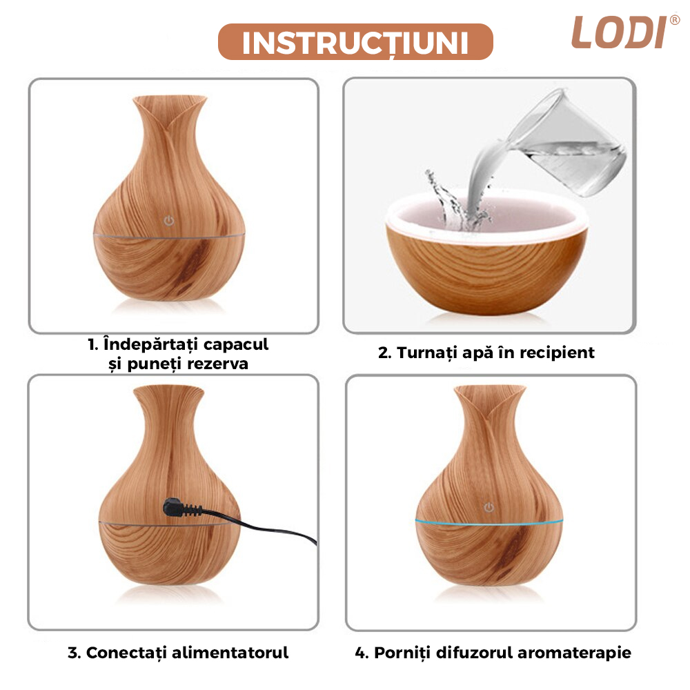 Difuzor Aromaterapie Lodi219, lumini ambientale, control tactil, capacitate 200ml, silentios, rezerva inclusa, alimentare USB, umidifica aerul, stejar deschis