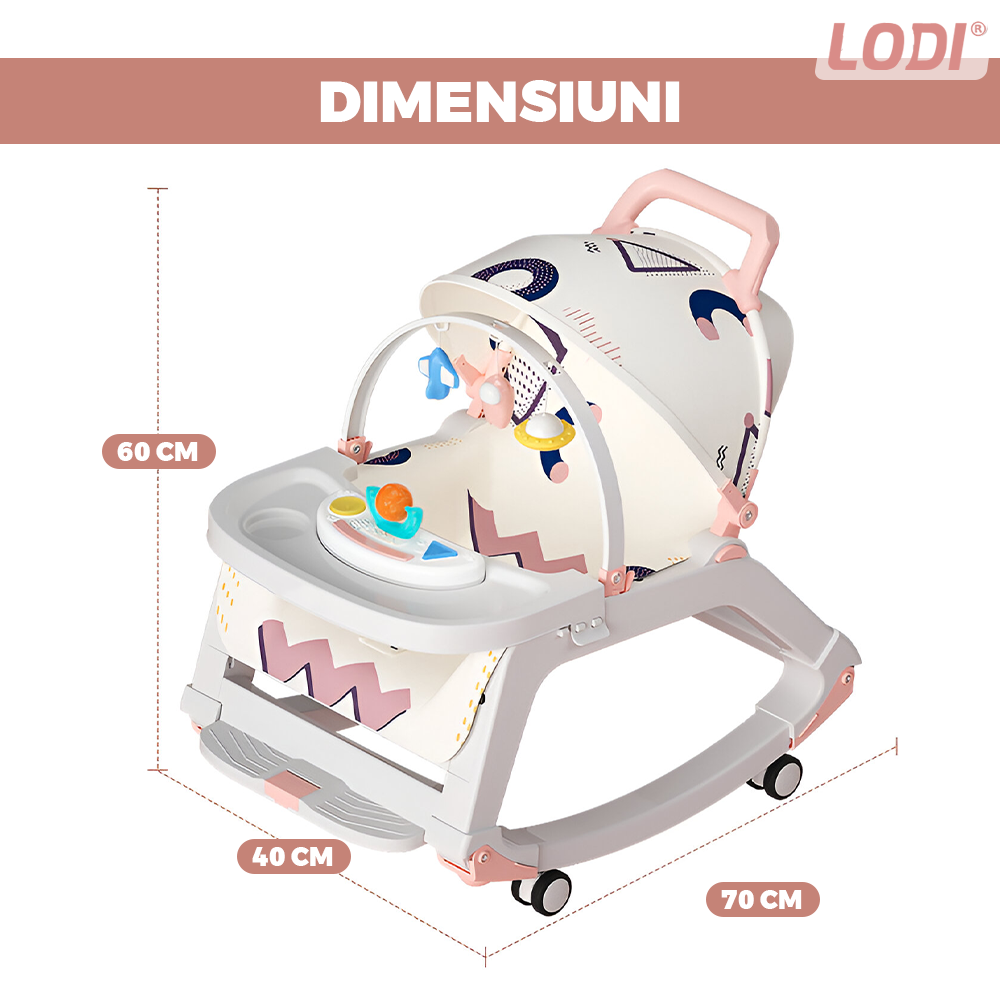Balansoar pentru Bebelusi 3 in 1 Lodi1133, functie de carucior, functie de scaun de luat masa, tavita cu jucarii detasabila, reglabila pe 2 trepte, plasa pentru depozitare, spatar ajustabil, alb/roz