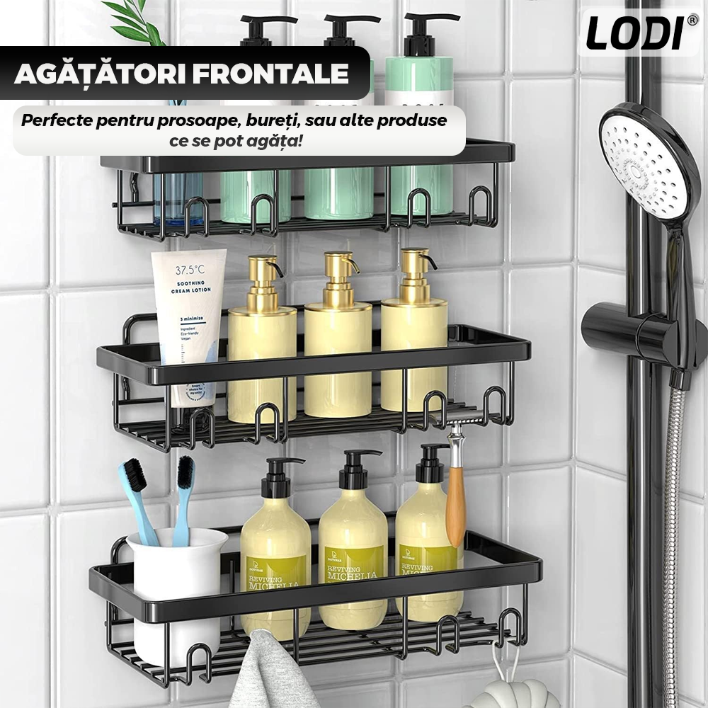 Set 2 Rafturi pentru Dus Lodi1265, depozitare si organizare, baie/bucatarie, otel inoxidabil, montare adeziva, rezistenta ridicata, cuiere incorporate, suporturi inalte, negru