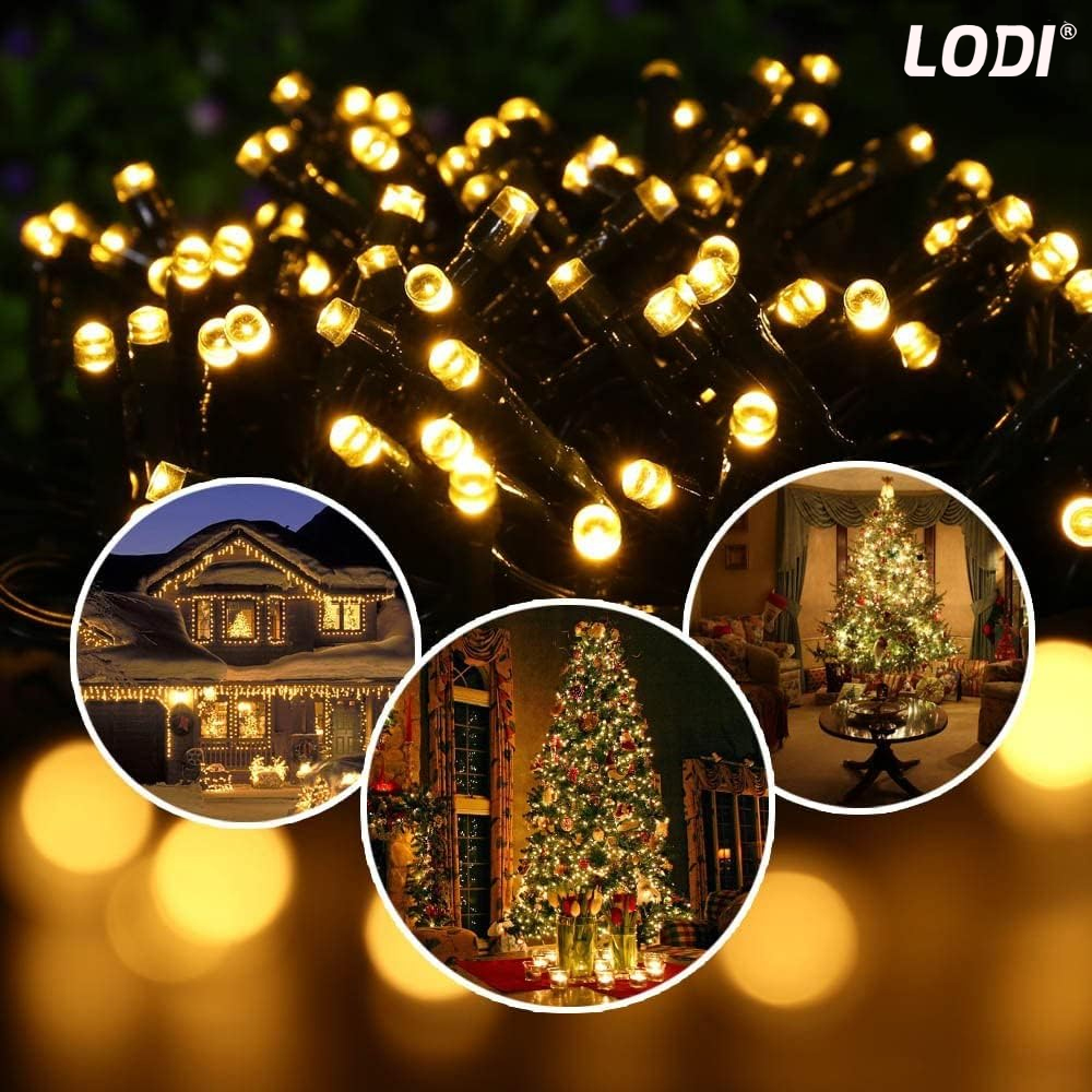 Instalatie de Craciun Liniara cu Panou Solar Lodi1458, 20 m, 8 jocuri de lumini, alimentare la priza, fir verde, interior/exterior, rezistenta la apa, 200 LED-uri, alb cald