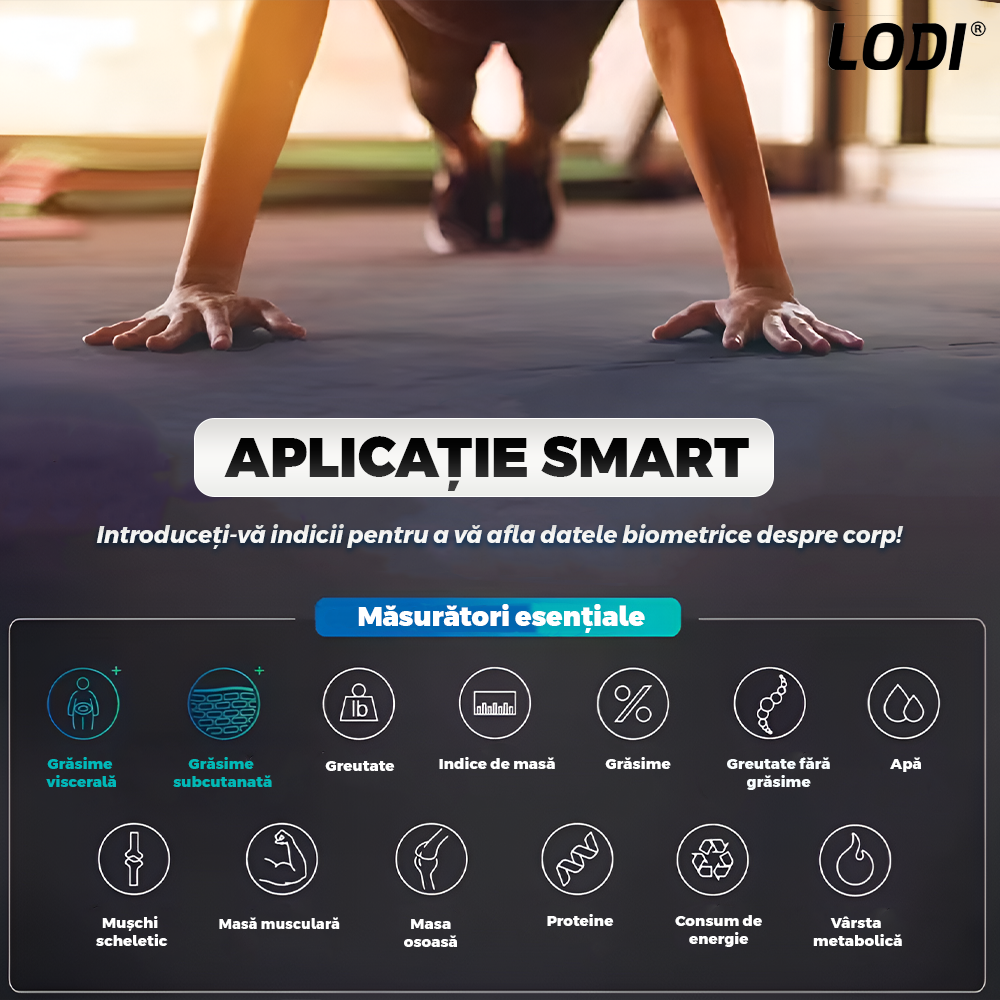 Cantar Electronic Inteligent Lodi1284, pentru baie, corporal, aplicatie smart, indicator greutate/baterie/temperatura, conectare bluetooth, afisaj digital iluminat, greutate maxima suportata 180 kg, baterii incluse,alb
