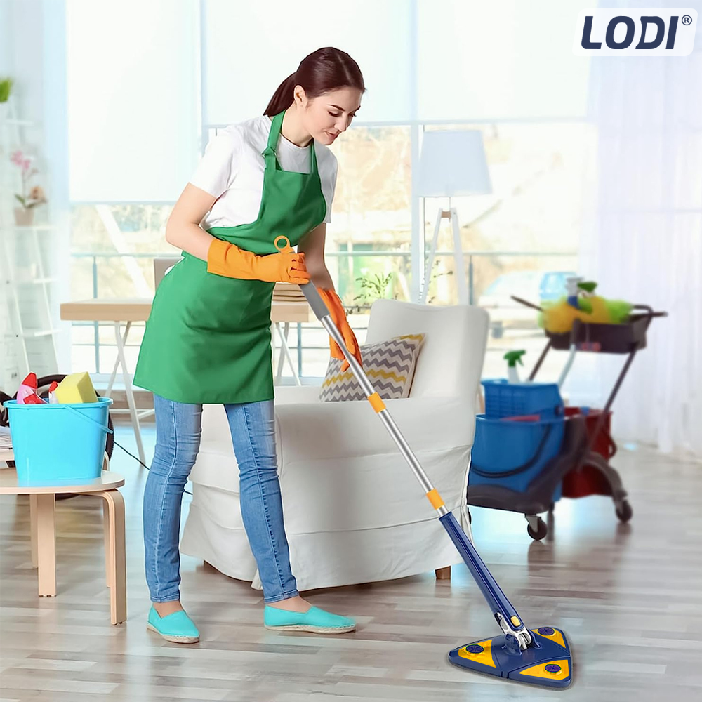 Mop cu Cap Triunghiular Lodi1146, rotire 360 grade, telescopic, curatare usoara, 127 cm, albastru/galben deschis