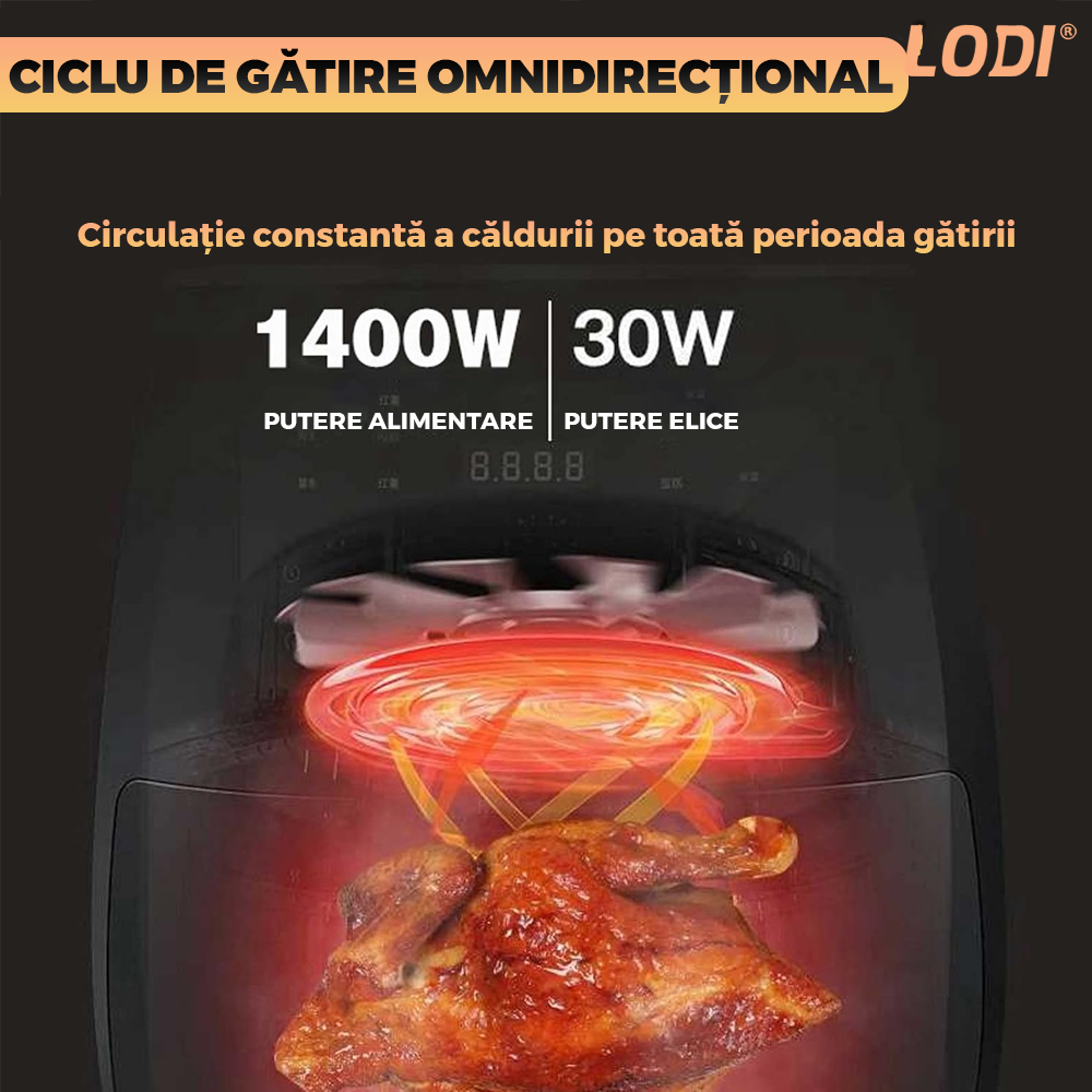 Friteuza Fara Ulei Air Fryer Lodi854, 100 tavi de copt cadou, tehnologie smart sensing, programe smart chef automate, afisaj digital, capacitate 4.5 L, tehnologie de eliminare a grasimii, functie de pastrare la cald,tensiune alimentare 220 V, negru