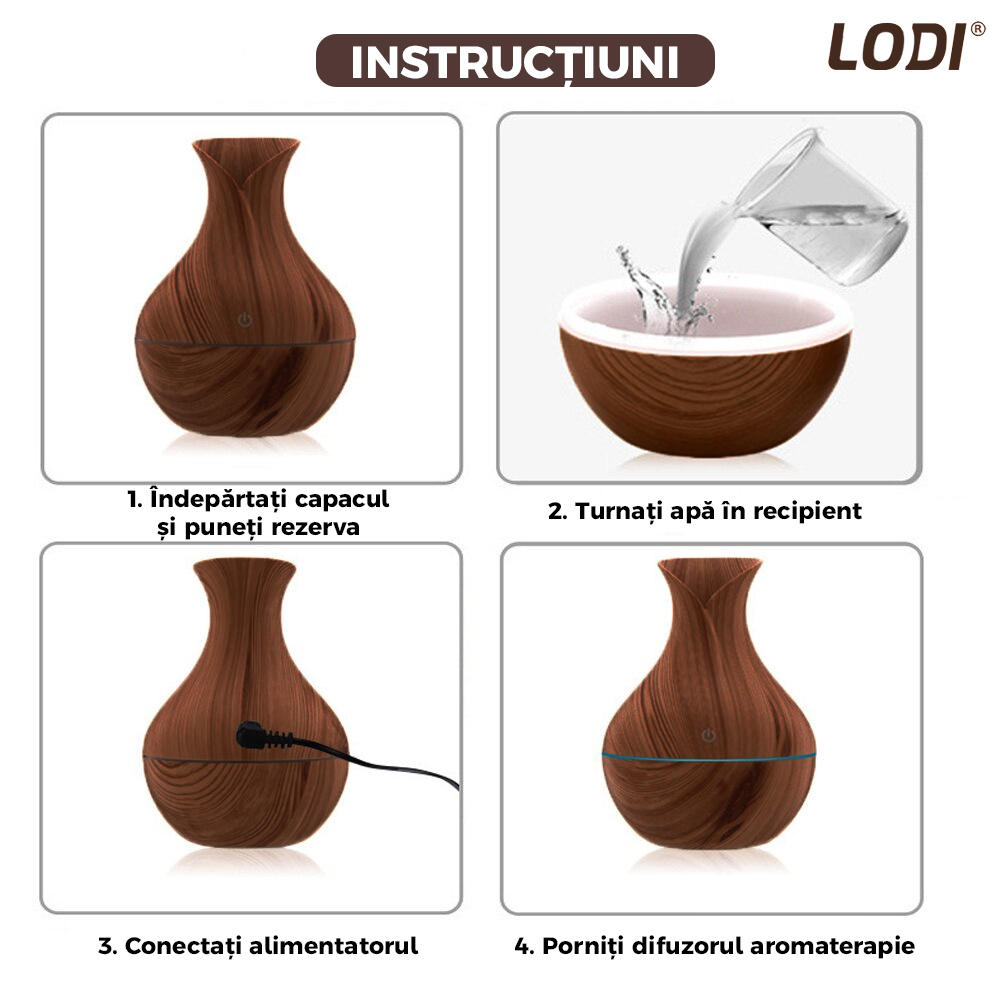 Difuzor Aromaterapie Lodi220, lumini ambientale, control tactil, capacitate 200ml, silentios, rezerva inclusa, alimentare USB, umidifica aerul, stejar inchis