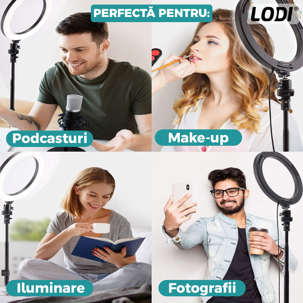 Lampa Circulara Ring Light Lodi207, Diametru 45cm/18 Inch, 3 moduri de lumina, 10 trepte reglaj, telecomanda si trepied 210 cm incluse, suport triplu telefon, compatibilitate universala, alb