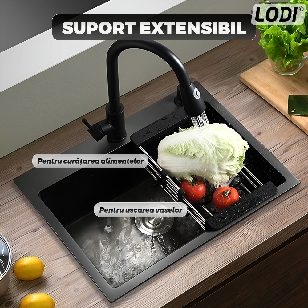 Chiuveta Multifunctionala pentru Bucatarie Lodi1218, materiale premium, baterie extensibila cu furtun de 60 de cm, rotire 360°, dozator de sapun inclus, scurgator de vase detasabil, adanca, usor de montat, negru mat