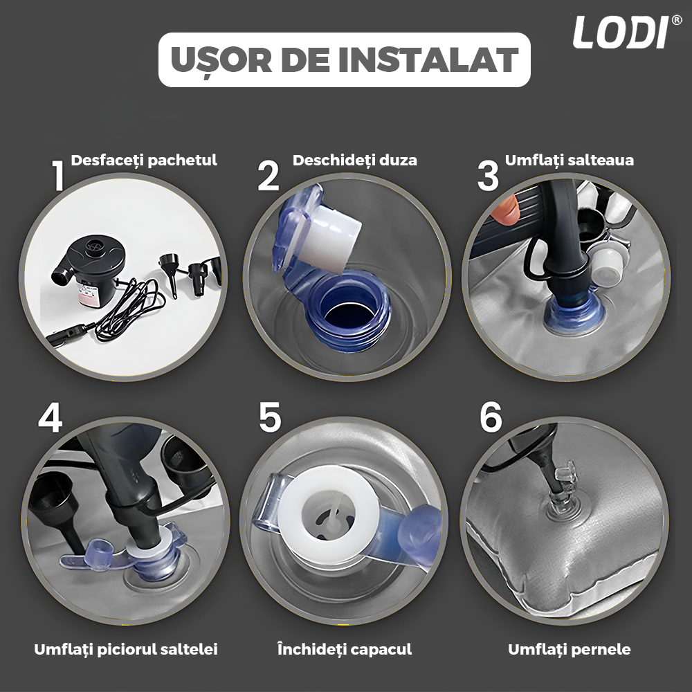 Saltea Auto Gonflabila 2 in 1 Lodi1238, scaun spate si travel bed, materiale calitative, pluristratificata, saculet de depozitare, pompa pentru umflare inclusa, 138 x 85 cm, gri