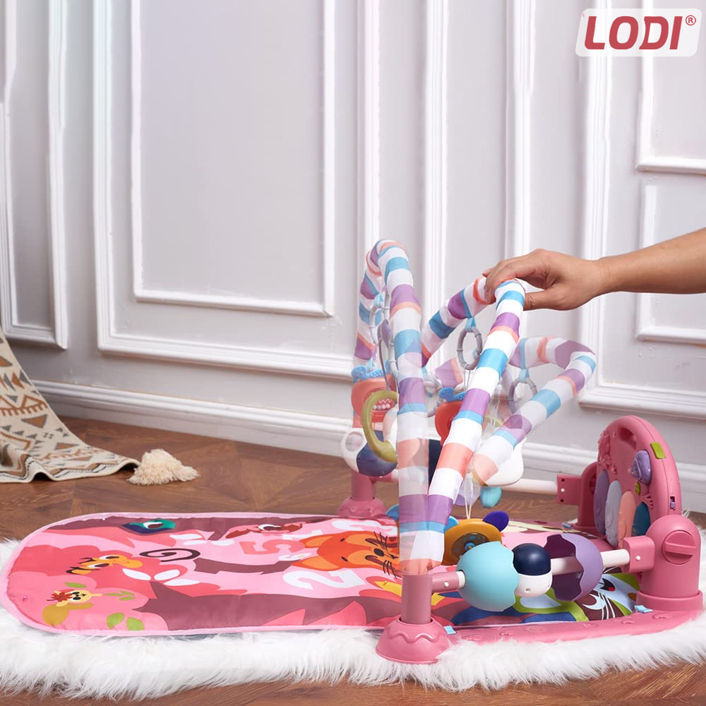 Centru de Activitati si Joaca Lodi1109, saltea interactiva pentru copii cu sunete, pian si oglinda detasabile, accesorii zornaitoare, 4 moduri interactive si educative, roz inchis