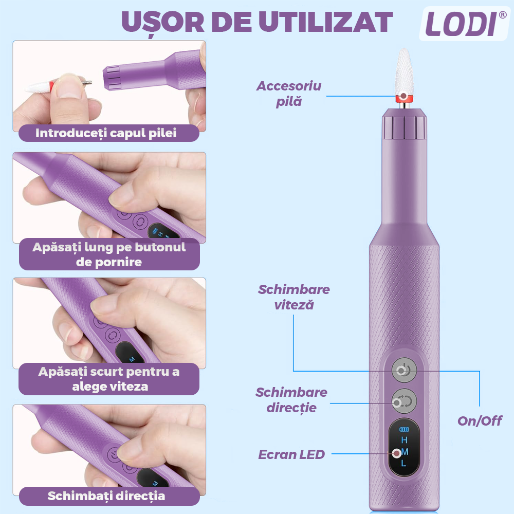 Pila Electrica Profesionala pentru Unghii Lodi1136, freză wireless, 18000 RPM, ecran LED, manichiura-pedichiura, 12 capete pentru pila, 36 benzi de slefurie, portabila, mov