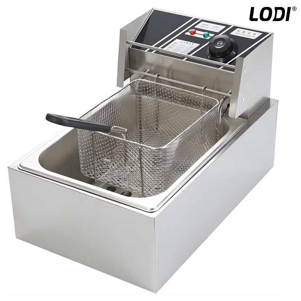 Friteuza Electrica Comerciala Lodi1110, un rezervor, usor de curatat, cos auto-strecurabil, blat din otel inoxidabil, capac pentru prevenirea stropirii, capacitate 10L, gri