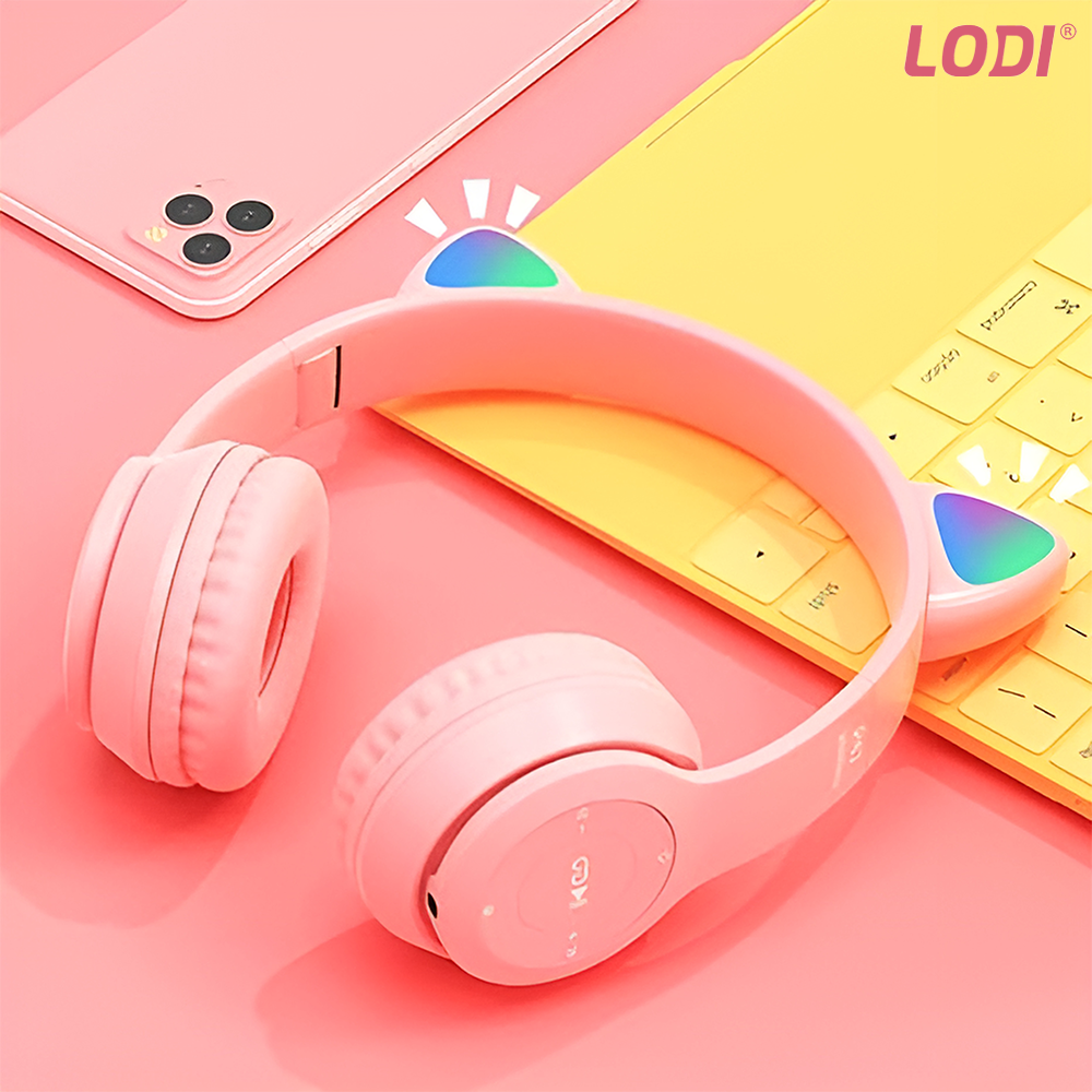 Casti Wireless Model Pisica Lodi951, P47M, overear, urechi de pisica cu iluminare RGB, bluetooth 5.0, handsfree, HiFi, bass stereo, roz