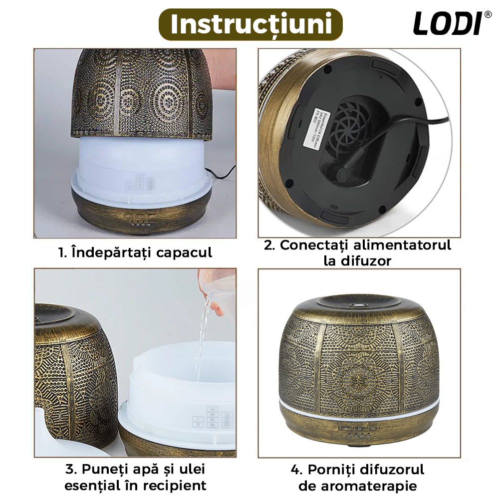 Difuzor Aromaterapie Lodi684, din metal, design vintage, 7 culori LED, 2 jocuri de lumini, capacitate 500ml, silentios, umidifica aerul, bronz