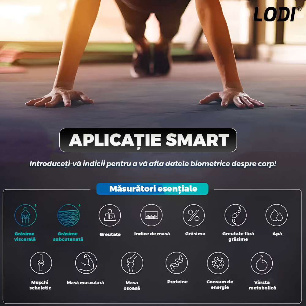 Cantar Electronic Inteligent Lodi1285, pentru baie, corporal, aplicatie smart, indicator greutate/baterie/temperatura, conectare bluetooth, afisaj digital iluminat, greutate maxima suportata 180 kg, baterii incluse, negru