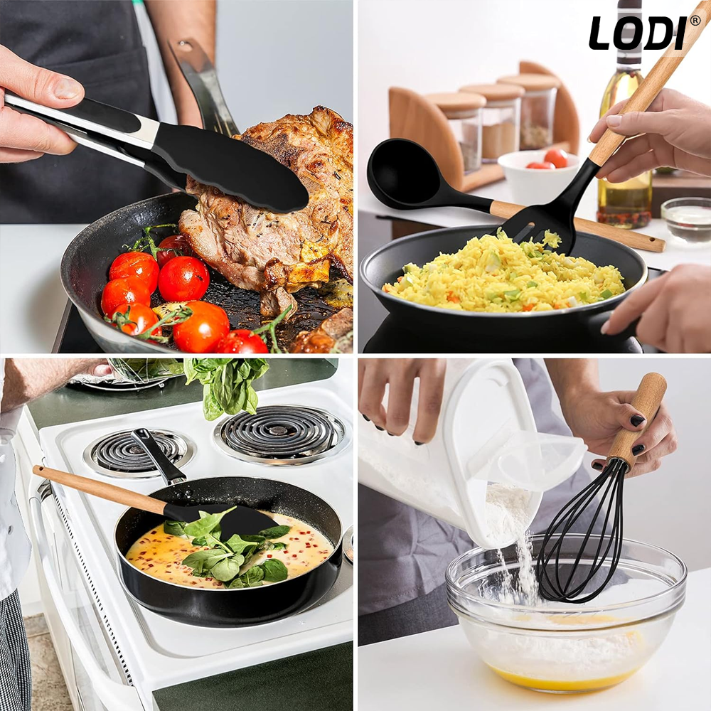 Set Ustensile Bucatarie 12 Piese Silicon Alimentar Lodi622, termorezistente, antiaderente, sigure, suport inox, negru