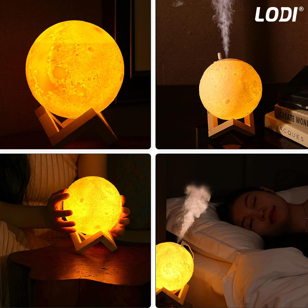 Difuzor Aromaterapie 2in1 Lodi229, 3 moduri de iluminare, capacitate 1500ml, lampa de veghe, silentios, alimentare USB, model luna, umidifica aerul, alb