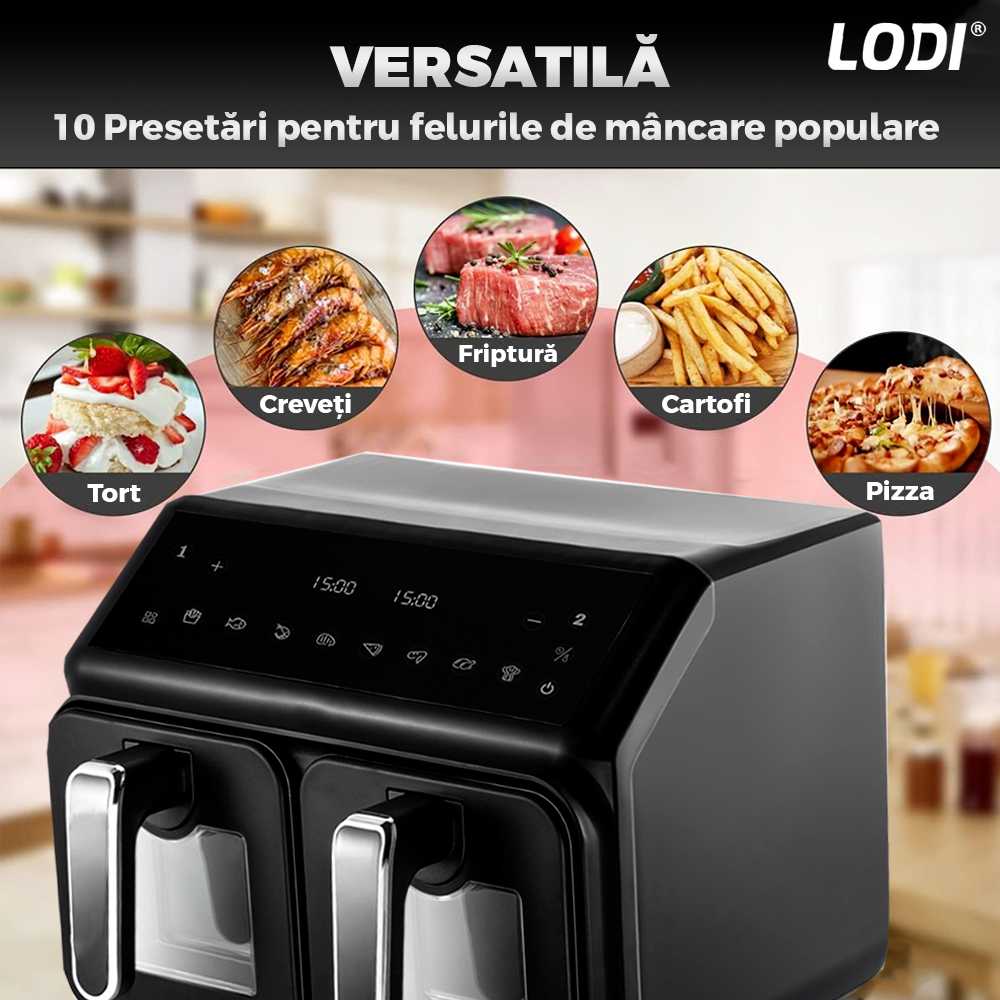 Friteuza Dubla Fara Ulei Air Fryer Lodi1067, tehnologie smart sensing, programe smart chef automate, afisaj digital, capacitate 10 L, tehnologie de eliminare a grasimii, functie de pastrare la cald,tensiune alimentare 240 V, culoare negru