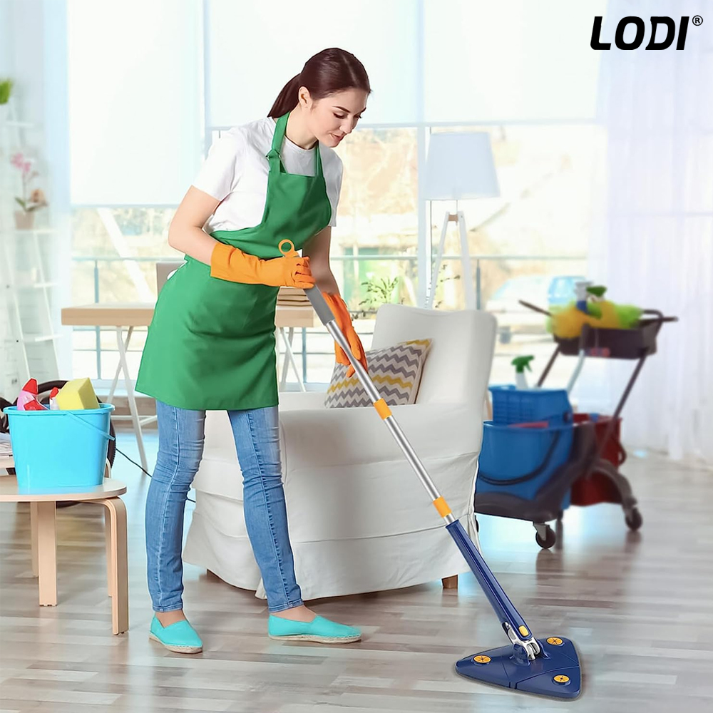 Mop cu Cap Triunghiular Lodi321, rotire 360 grade, telescopic, curatare usoara, 4 lavete incluse, 127 cm, albastru/galben