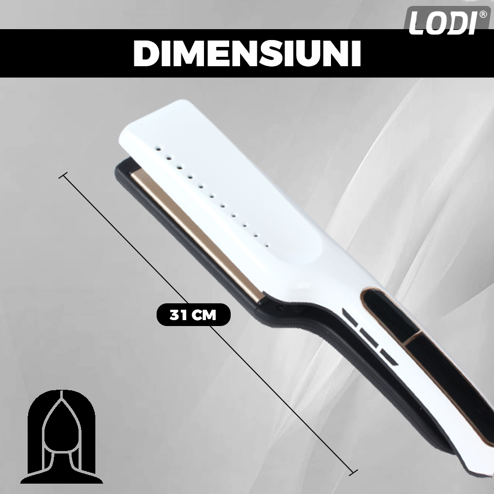 Placa profesionala de indreptat parul Lodi458, invelis ceramic, afisaj LCD, easy lock, tehnologie cu abur, par umed si uscat, 230°, alb