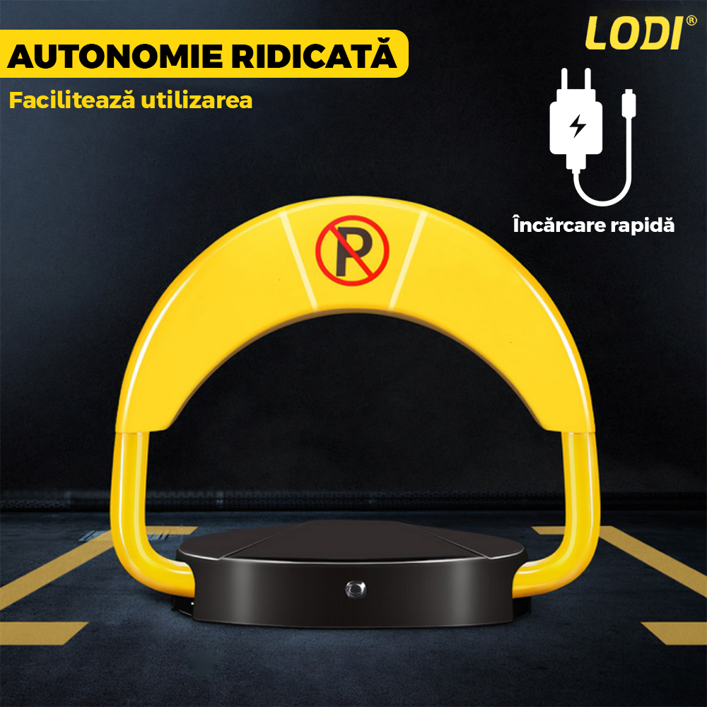 Blocator Parcare Automat Lodi1059, pentru loc parcare si alee, cu telecomanda si alarma, greutate suportata 2 tone, material rezistent, anti-rugina, alimentare la retea, negru/galben