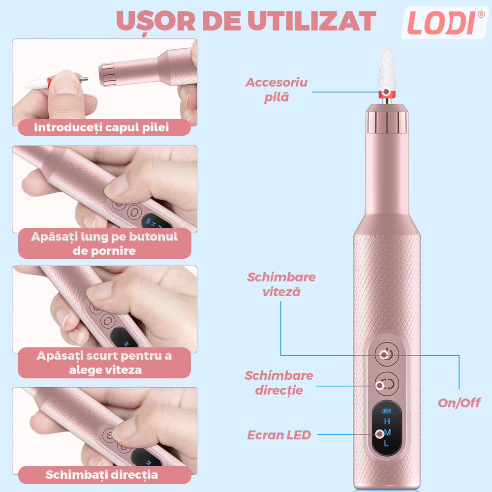 Pila Electrica Profesionala pentru Unghii Lodi1135, freză wireless, 18000 RPM, ecran LED, manichiura-pedichiura, 12 capete pentru pila, 36 benzi de slefurie, portabila, roz