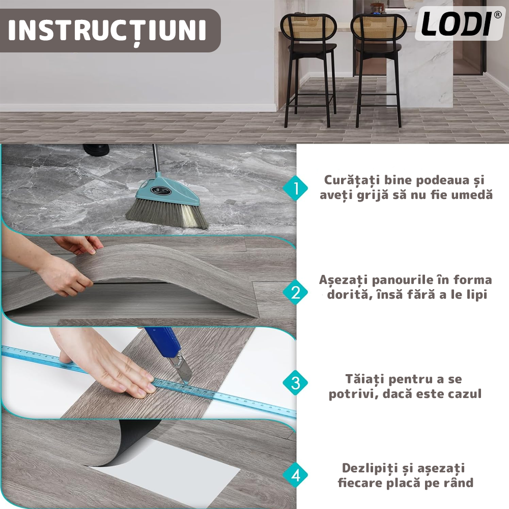Set 72 Placi de Pardoseala Autoadezive Tip Parchet Lodi681, durabile, adeziv puternic, PVC, 914.4mm x152.4mm, mm 4.9 m²/box, gri dungi