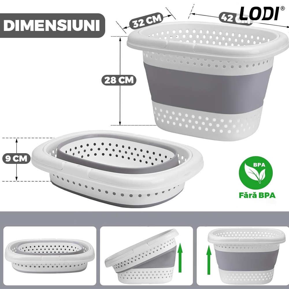 Cos de Rufe Pliabil Mic cu Manere Lodi943, organizare si depozitare, multifunctional, compact, 30 litri, 42 x 32 x 28 cm, gri