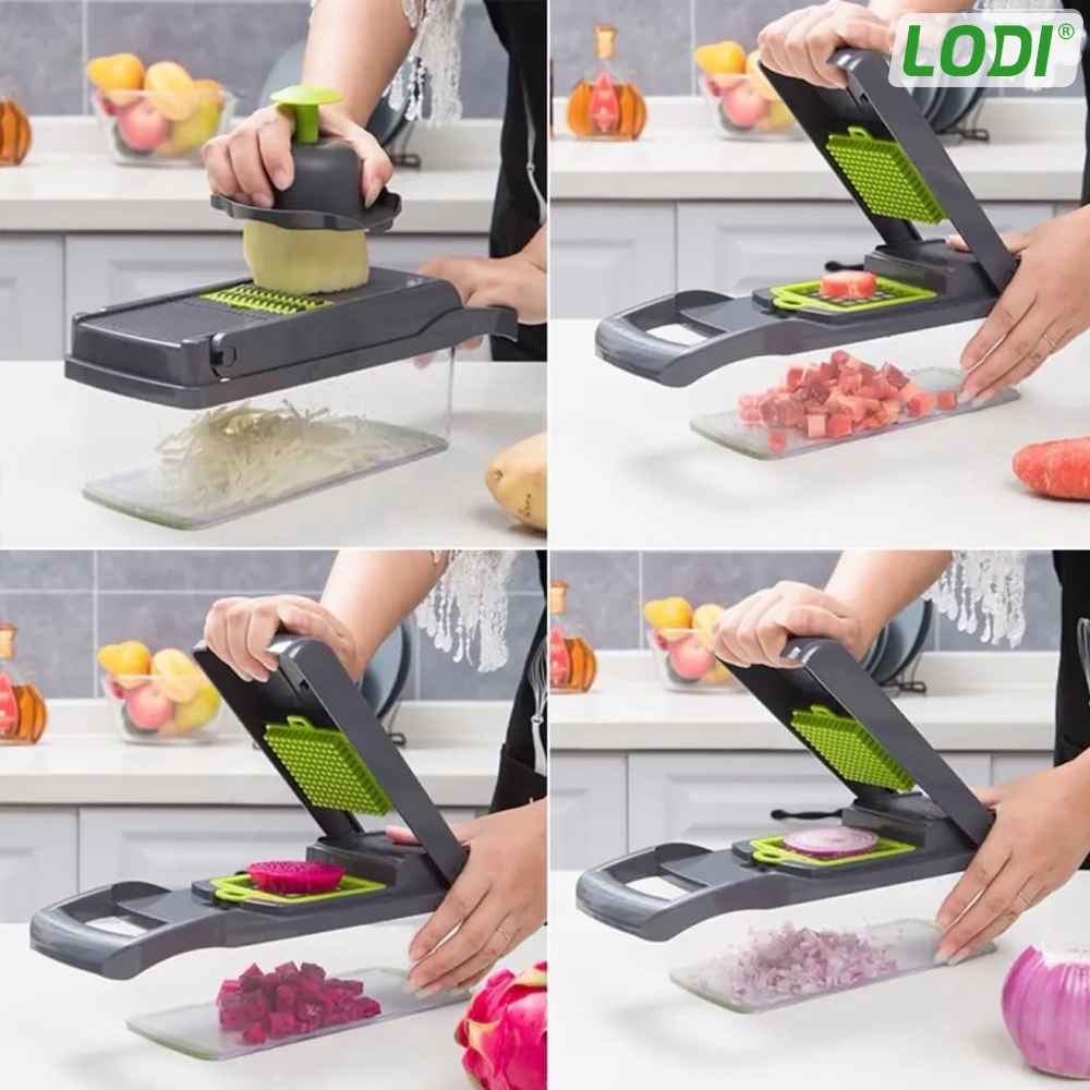 Feliator de Legume 13 in 1 Lodi752, multifunctional, 8 taieturi, accesorii pentru tocat, maruntit, feliat, julienne, separator de oua, lame de inox, 28 x 13 cm, verde
