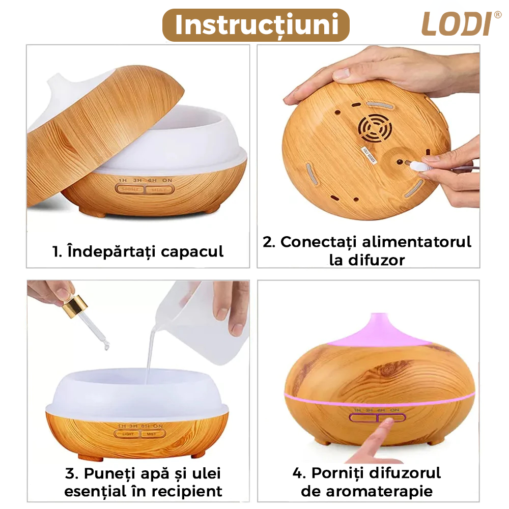 Difuzor Aromaterapie Lodi213, 7 culori LED, 2 jocuri de lumini, control prin telecomanda, capacitate 500ml, silentios, umidifica aerul, stejar deschis