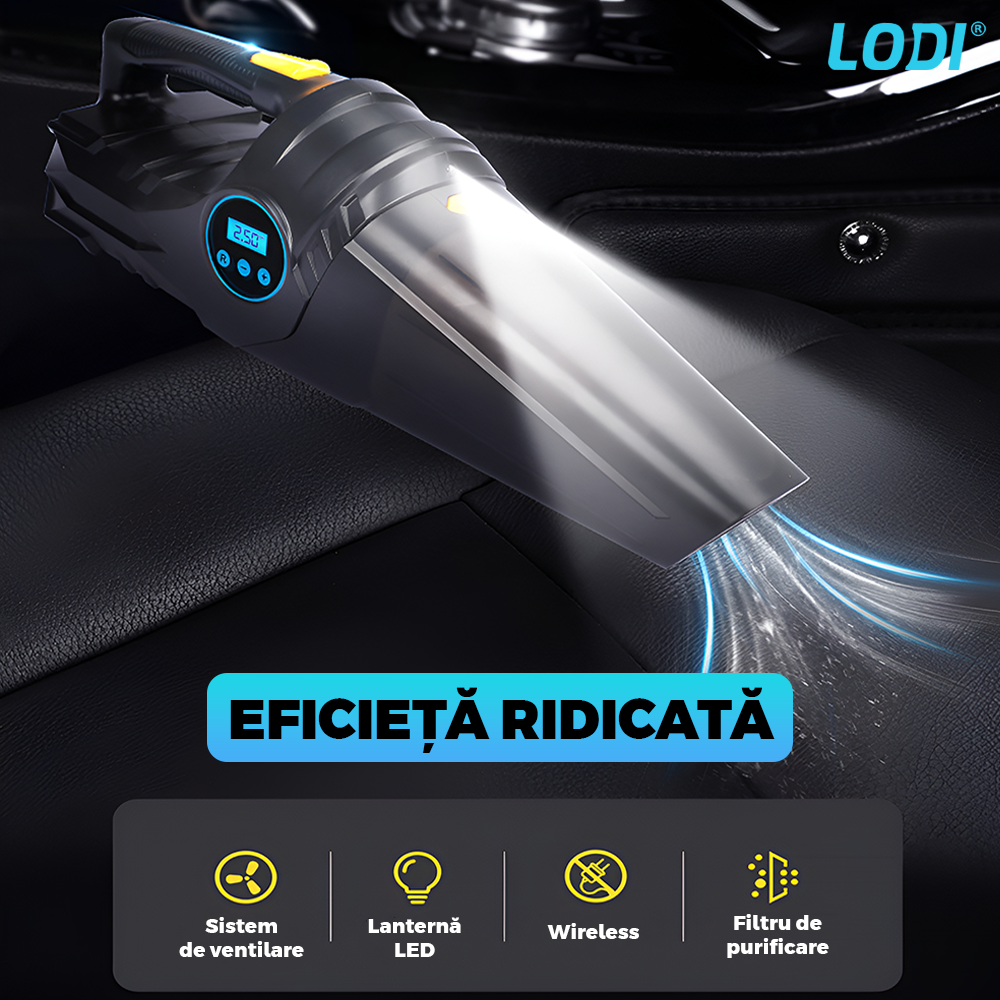 Aspirator Auto 4 in 1 Lodi1179, portabil, multifunctional, wireless, compresor anvelope. manometru, lanterna LED, aspirare umeda/uscata, vacuum 6000 mbar, putere motor 100W, afisaj digital, negru
