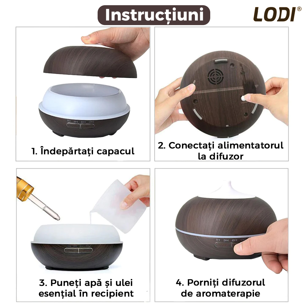 Difuzor Aromaterapie Lodi212, 7 culori LED, 2 jocuri de lumini, control prin telecomanda, capacitate 500ml, silentios, umidifica aerul, stejar inchis