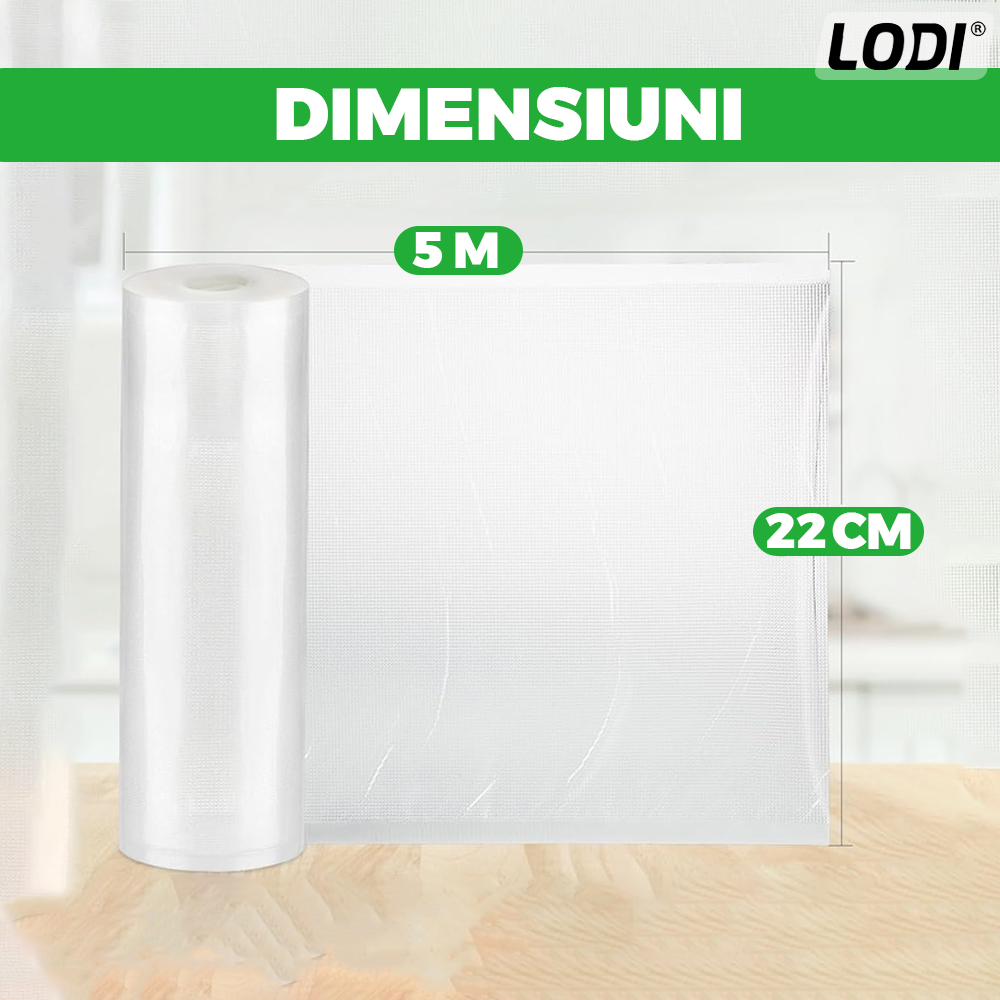 Set de Role Folii pentru Vidat Universale Lodi, 5m x 22cm, compatibile cu orice aparat de vidat, gofrate, reutilizabile, rezistente la caldura, transparente