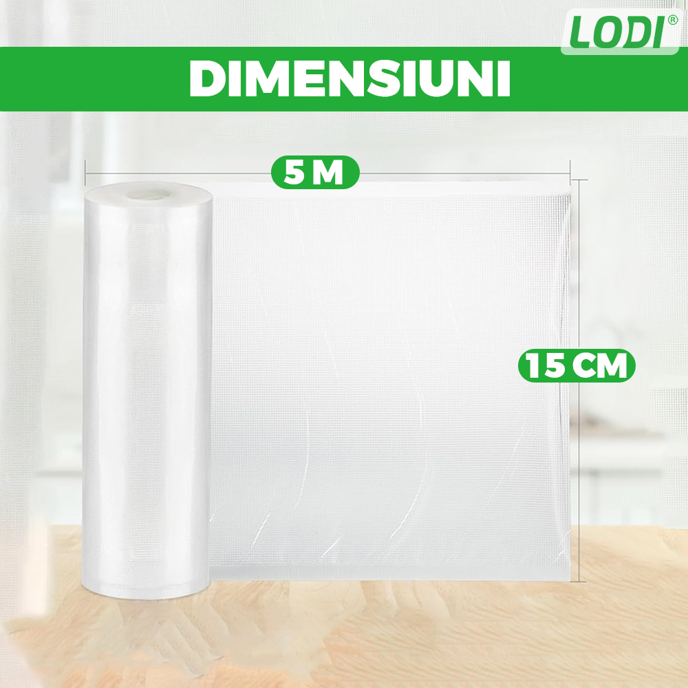 Set de Role Folii pentru Vidat Universale Lodi, 5m x 15cm, compatibile cu orice aparat de vidat, gofrate, reutilizabile, rezistente la caldura, transparente