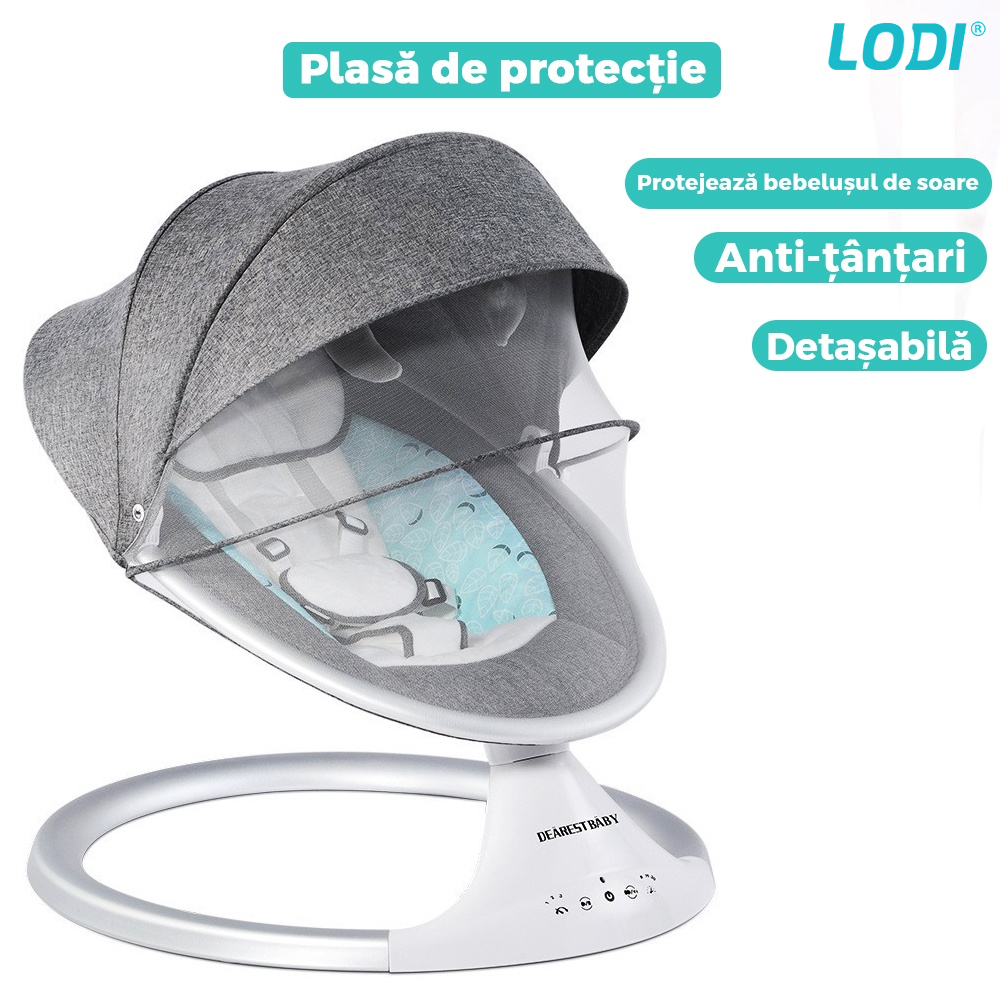 Leagan Electric Lodi123, conectivitate Bluetooth, telecomanda, plasa protectie tantari pentru bebelusi, jucarii, muzica, gri