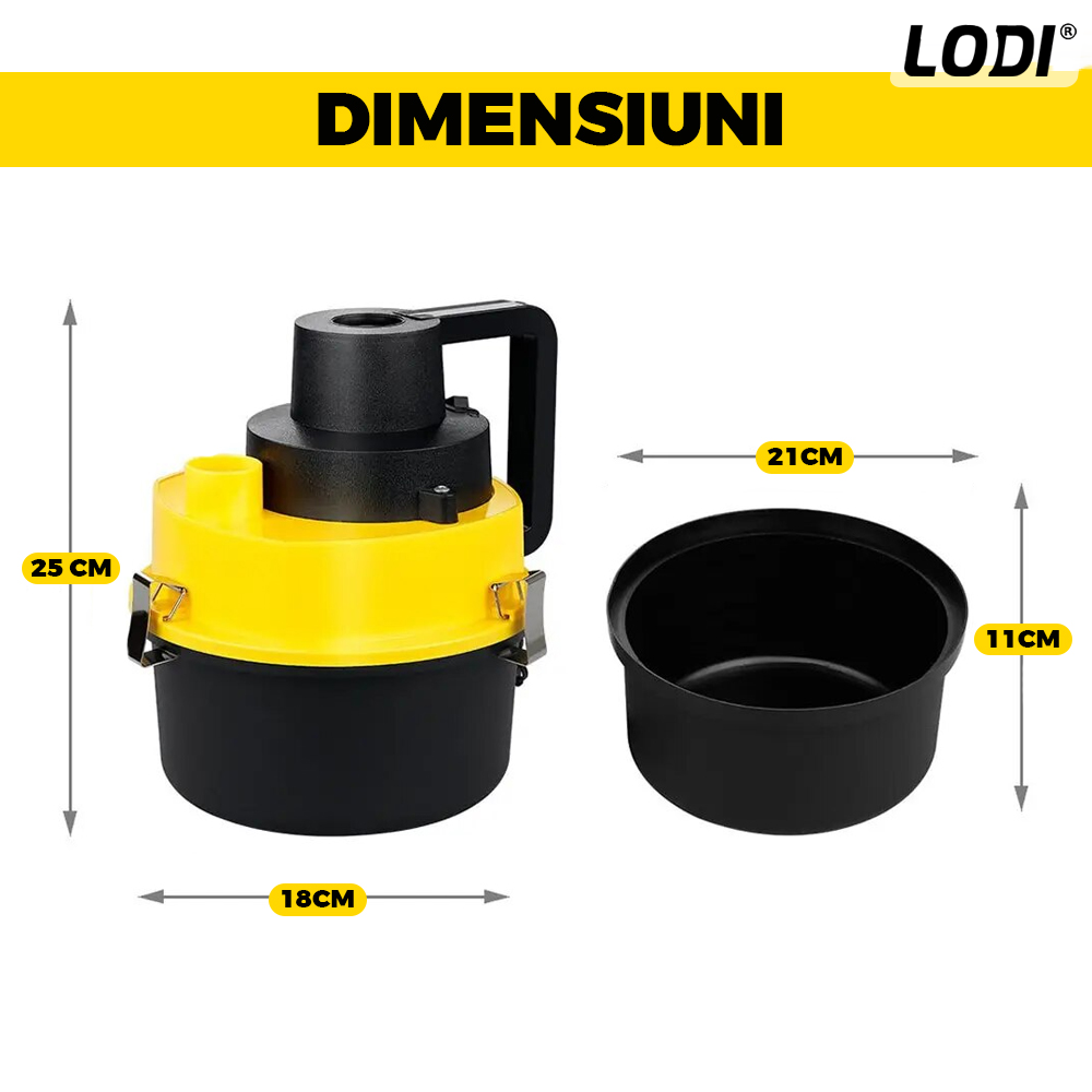 Aspirator Auto Portabil Lodi359, capacitate 3 litri, 120 W, alimentare bricheta auto 12 V, aspirare umed si uscat, 4 accesorii incluse, galben
