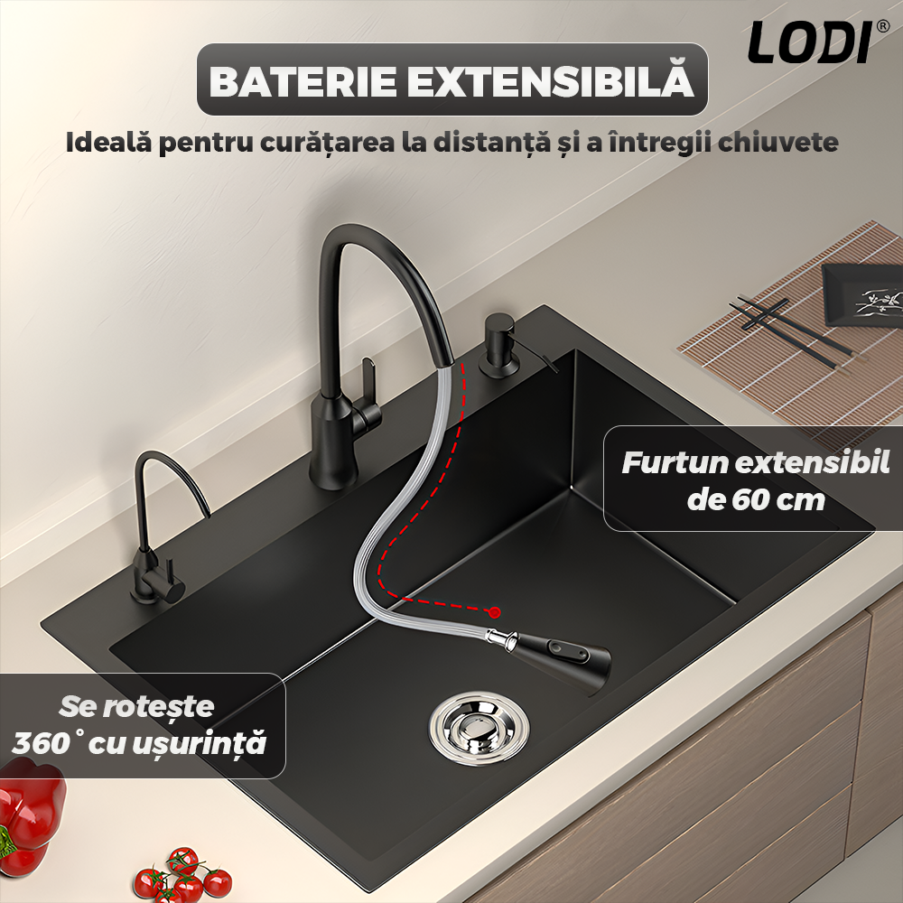 Chiuveta Multifunctionala pentru Bucatarie Lodi1218, materiale premium, baterie extensibila cu furtun de 60 de cm, rotire 360°, dozator de sapun inclus, scurgator de vase detasabil, adanca, usor de montat, negru mat
