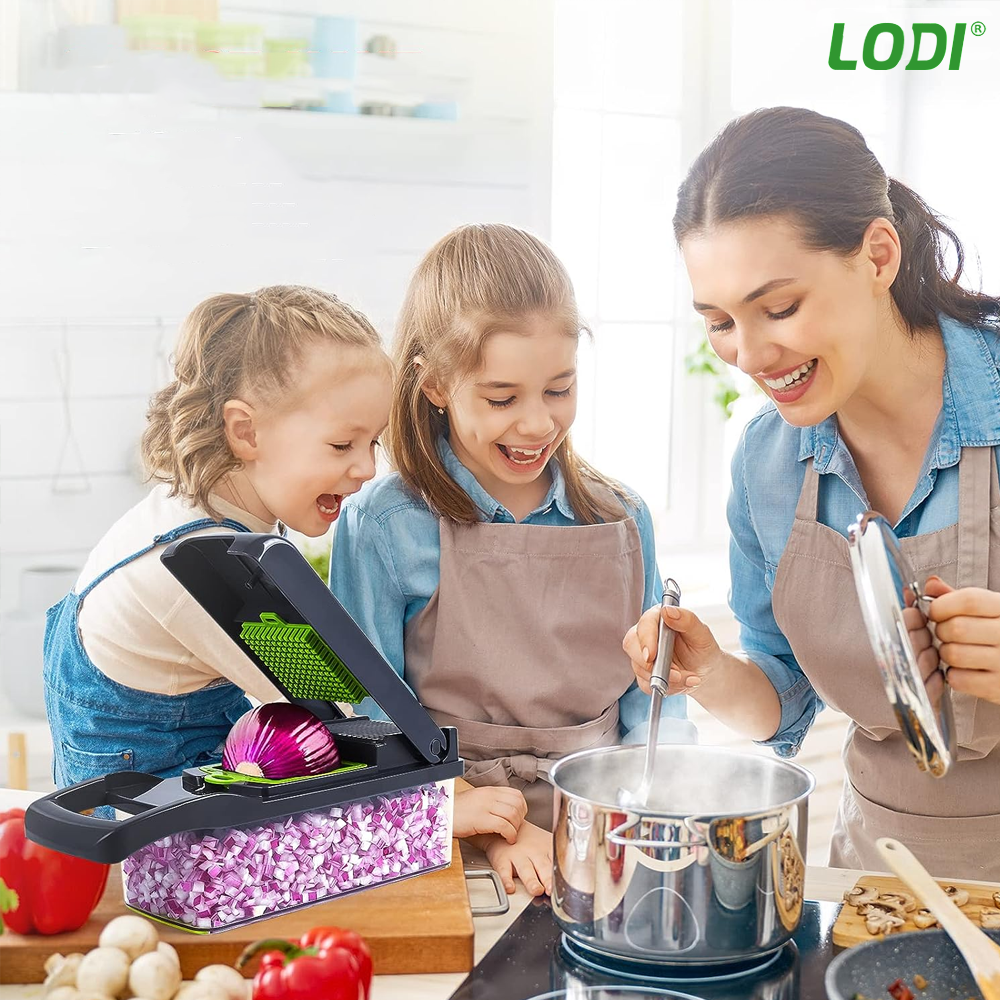 Feliator de Legume 13 in 1 Lodi752, multifunctional, 8 taieturi, accesorii pentru tocat, maruntit, feliat, julienne, separator de oua, lame de inox, 28 x 13 cm, verde