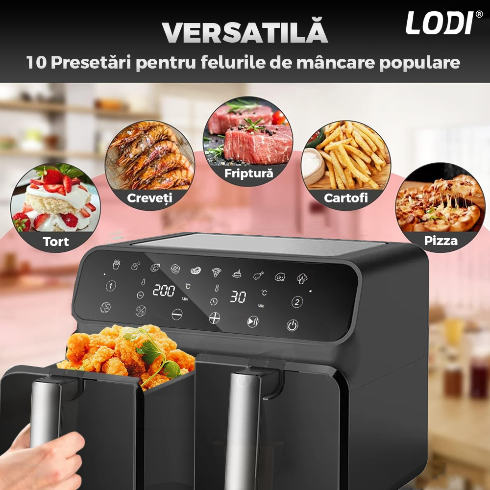 Friteuza Dubla Fara Ulei Air Fryer Lodi753, tehnologie smart sensing, programe smart chef automate, afisaj digital, capacitate 8 L, tehnologie de eliminare a grasimii, functie de pastrare la cald,tensiune alimentare 220-240 V, culoare negru