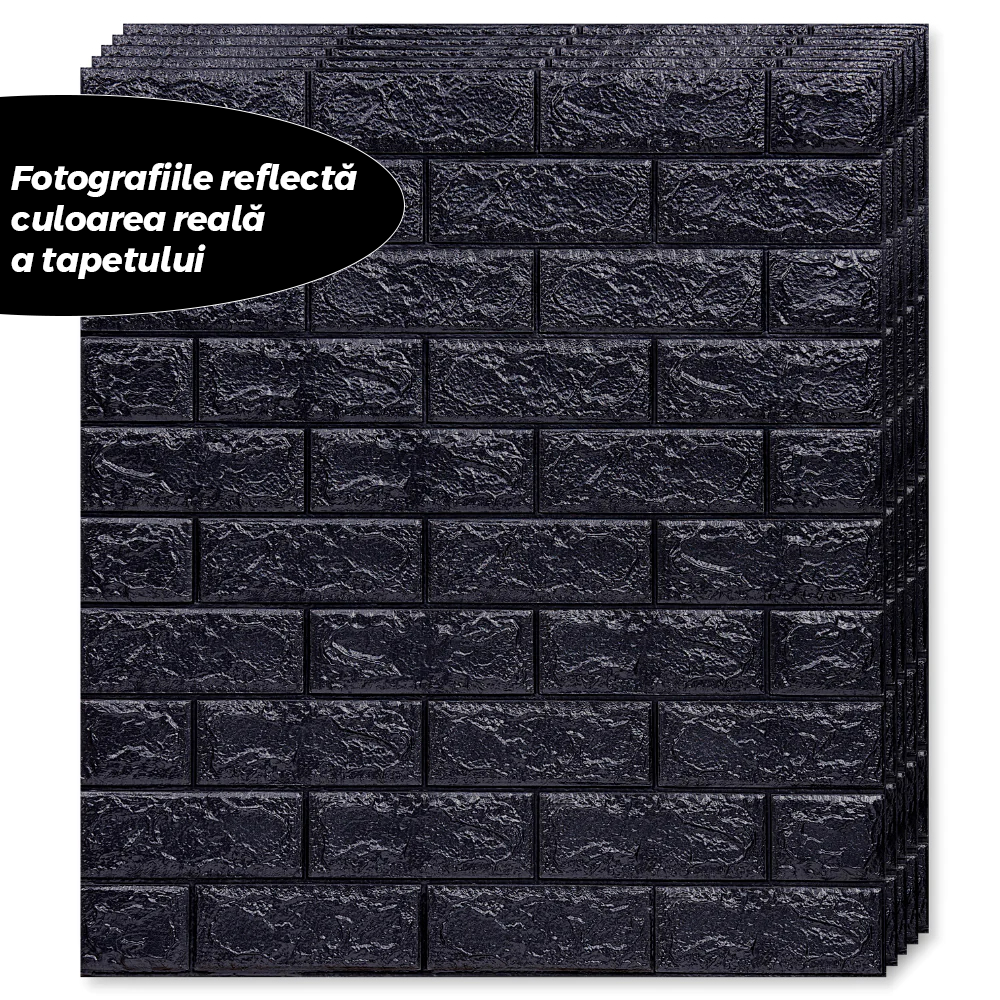 Set Tapet Caramida 3D Lodi233, suprafata acoperire 5.3 mp, autoadeziv, waterproof, usor de montat, design modern, 70x77 cm, negru