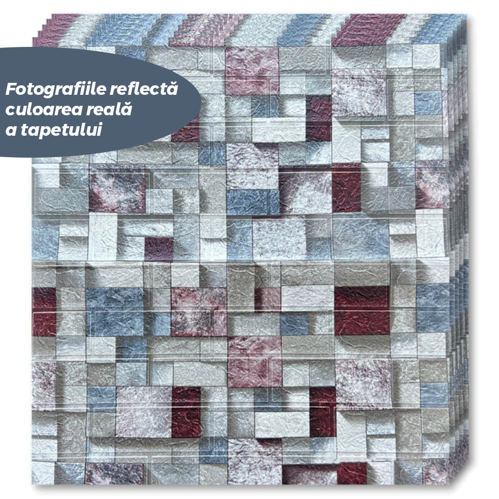 Set Tapet Caramida 3D Lodi®, Model Piatra Mozaic, autoadeziv, waterproof, usor de montat, design modern, 70x77 cm, multicolor