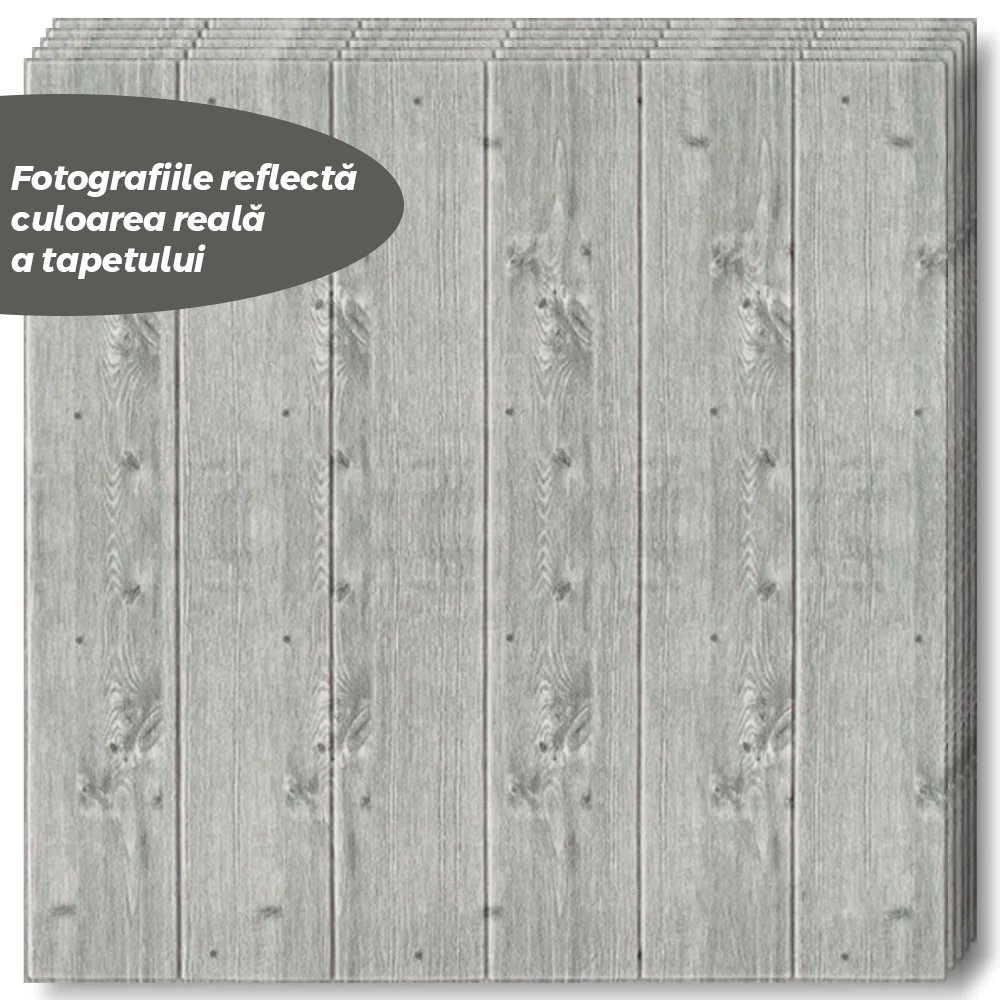 Set Tapet Panou 3D Lodi93, Model Lemn, suprafata acoperire 4.9 mp, autoadeziv, waterproof, usor de montat, design modern, 70x70 cm, gri