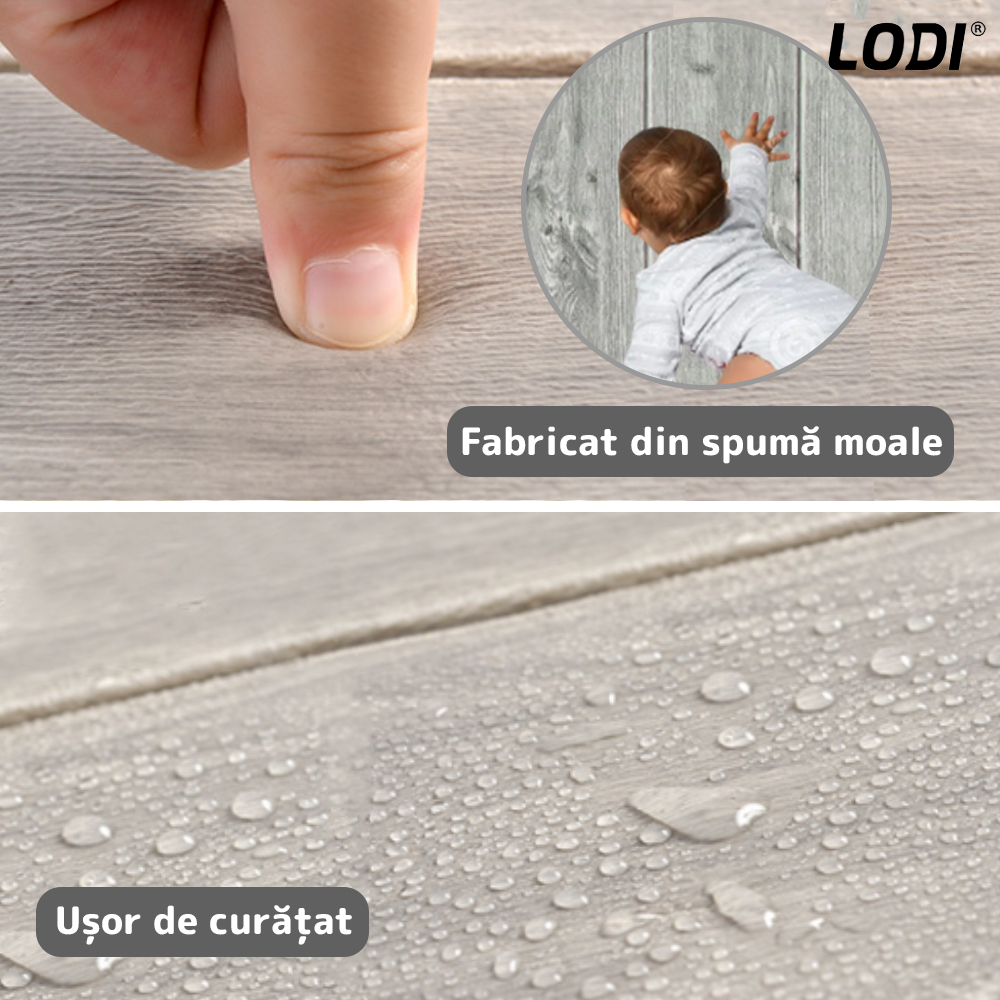 Set Tapet Panou 3D Lodi93, Model Lemn, suprafata acoperire 4.9 mp, autoadeziv, waterproof, usor de montat, design modern, 70x70 cm, gri