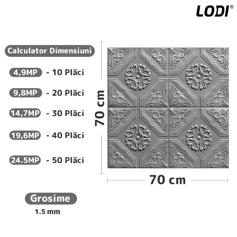 Set 10x Tapet 3D Lodi779, suprafata acoperire 4.9 mp, autoadeziv, Model Floral Carou, perete/tavan, waterproof, usor de montat, design modern, 70x70 cm, gri