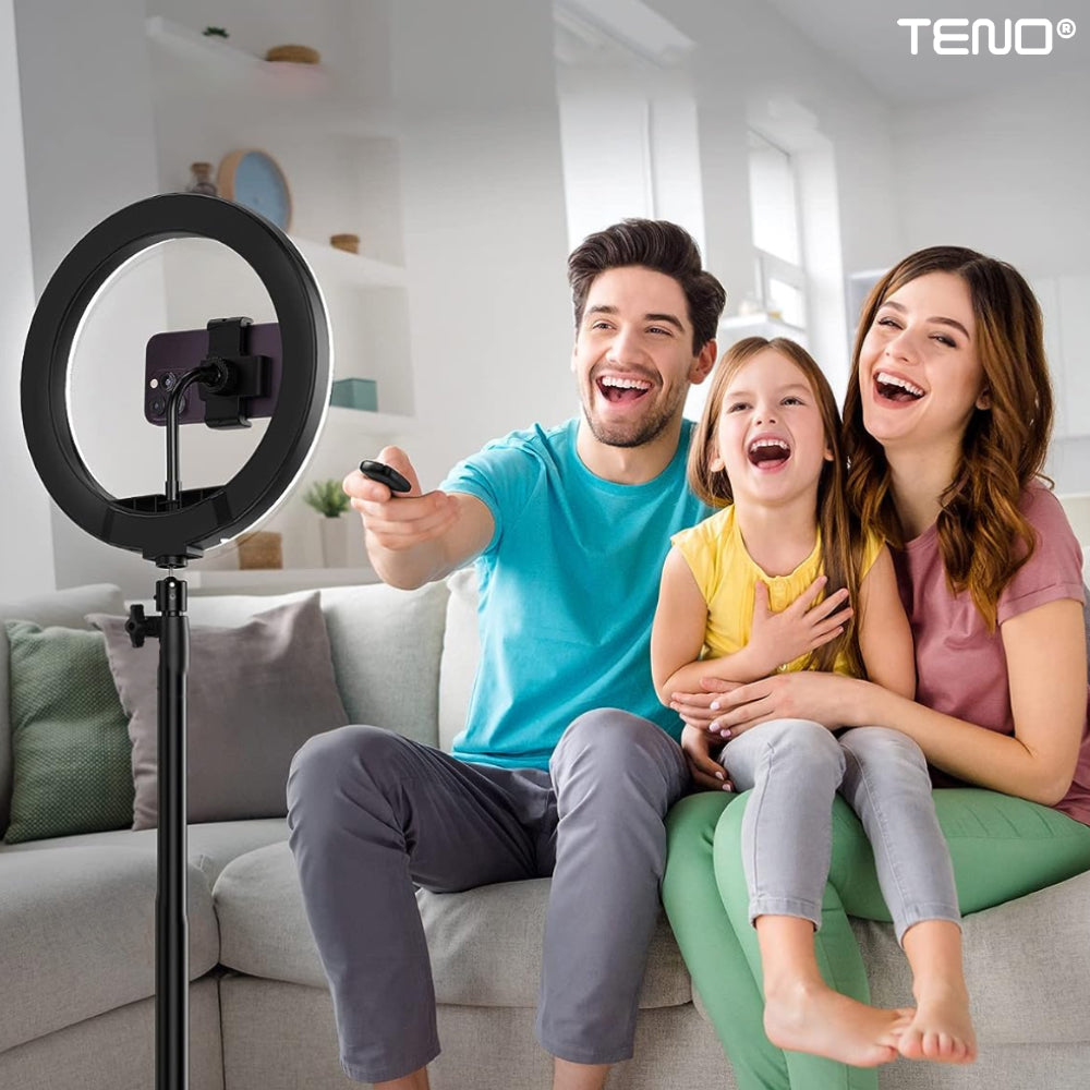 Lampa Circulara Ring Light Lodi204, Diametru 35,6cm/14 Inch, 3 moduri de lumina, 10 trepte reglaj, telecomanda si trepied 210 cm incluse, compatibilitate universala, alb