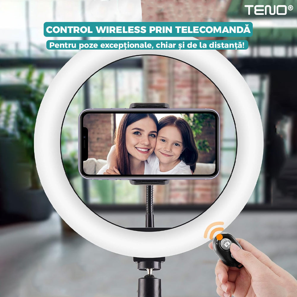 Lampa Circulara Ring Light Lodi204, Diametru 35,6cm/14 Inch, 3 moduri de lumina, 10 trepte reglaj, telecomanda si trepied 210 cm incluse, compatibilitate universala, alb