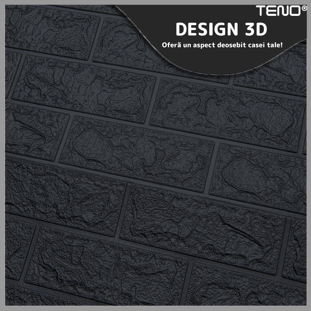 Set Tapet Caramida 3D Lodi233, suprafata acoperire 5.3 mp, autoadeziv, waterproof, usor de montat, design modern, 70x77 cm, negru
