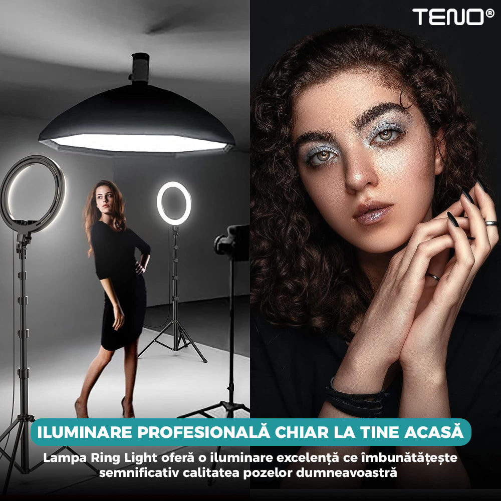 Lampa Circulara Ring Light Lodi204, Diametru 35,6cm/14 Inch, 3 moduri de lumina, 10 trepte reglaj, telecomanda si trepied 210 cm incluse, compatibilitate universala, alb