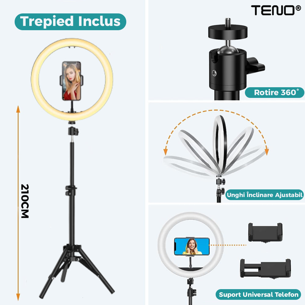 Lampa Circulara Ring Light Lodi204, Diametru 35,6cm/14 Inch, 3 moduri de lumina, 10 trepte reglaj, telecomanda si trepied 210 cm incluse, compatibilitate universala, alb