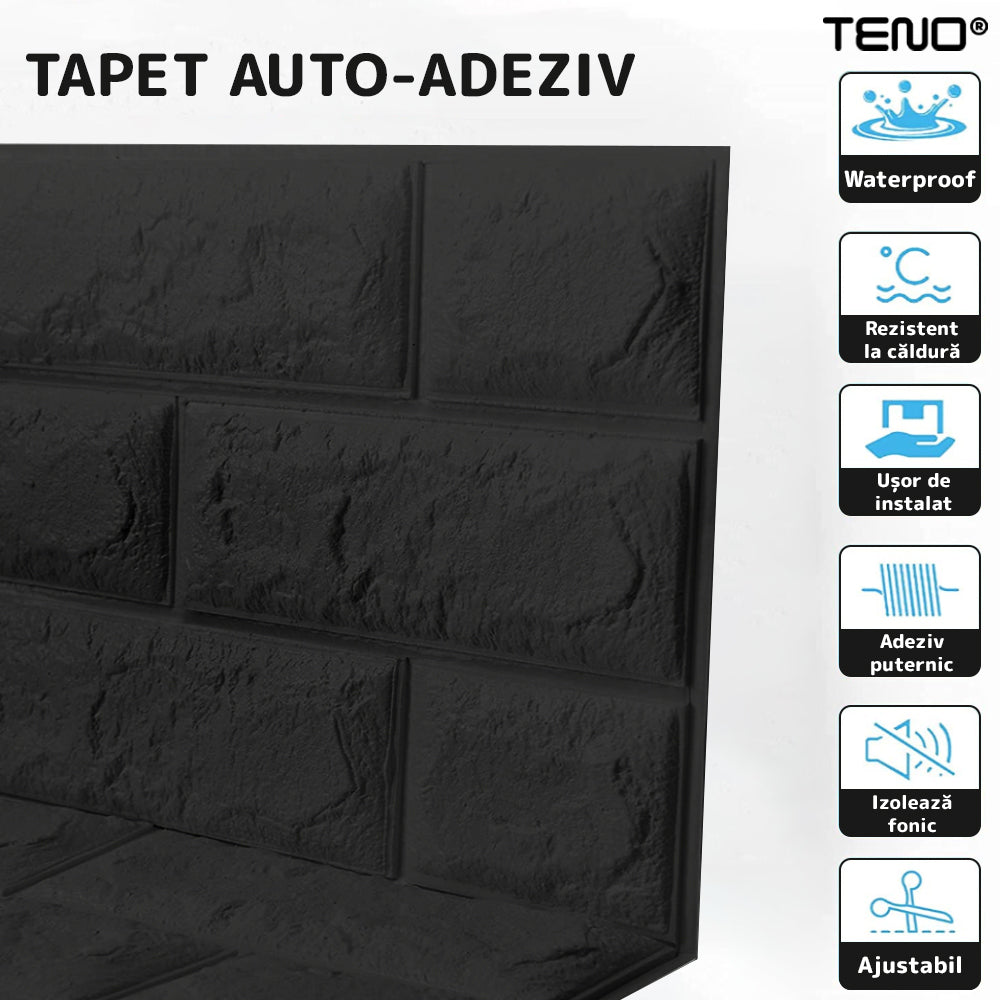 Set Tapet Caramida 3D Lodi233, suprafata acoperire 5.3 mp, autoadeziv, waterproof, usor de montat, design modern, 70x77 cm, negru