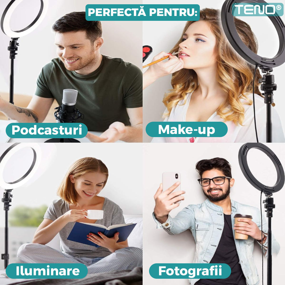 Lampa Circulara Ring Light Lodi204, Diametru 35,6cm/14 Inch, 3 moduri de lumina, 10 trepte reglaj, telecomanda si trepied 210 cm incluse, compatibilitate universala, alb