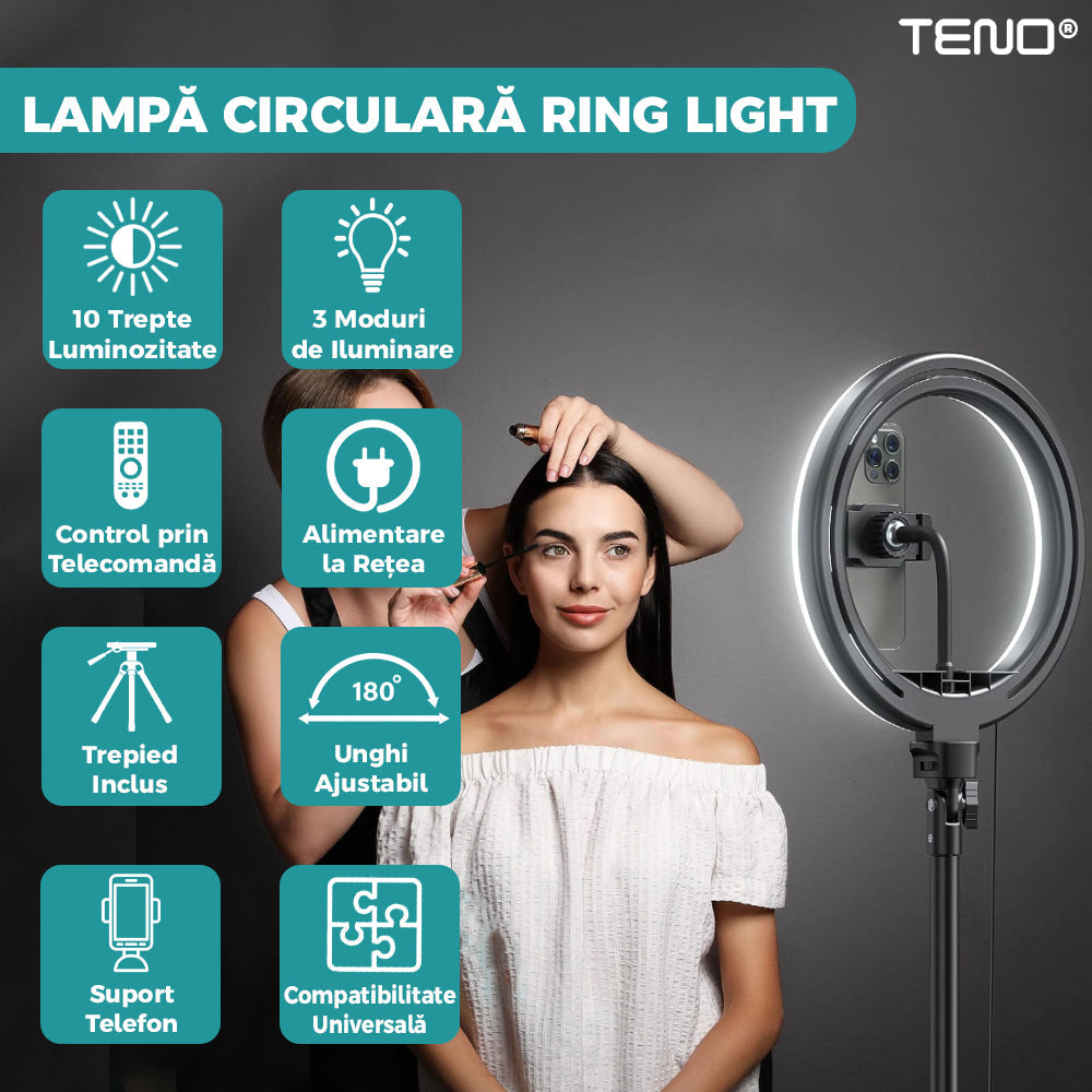 Lampa Circulara Ring Light Lodi204, Diametru 35,6cm/14 Inch, 3 moduri de lumina, 10 trepte reglaj, telecomanda si trepied 210 cm incluse, compatibilitate universala, alb